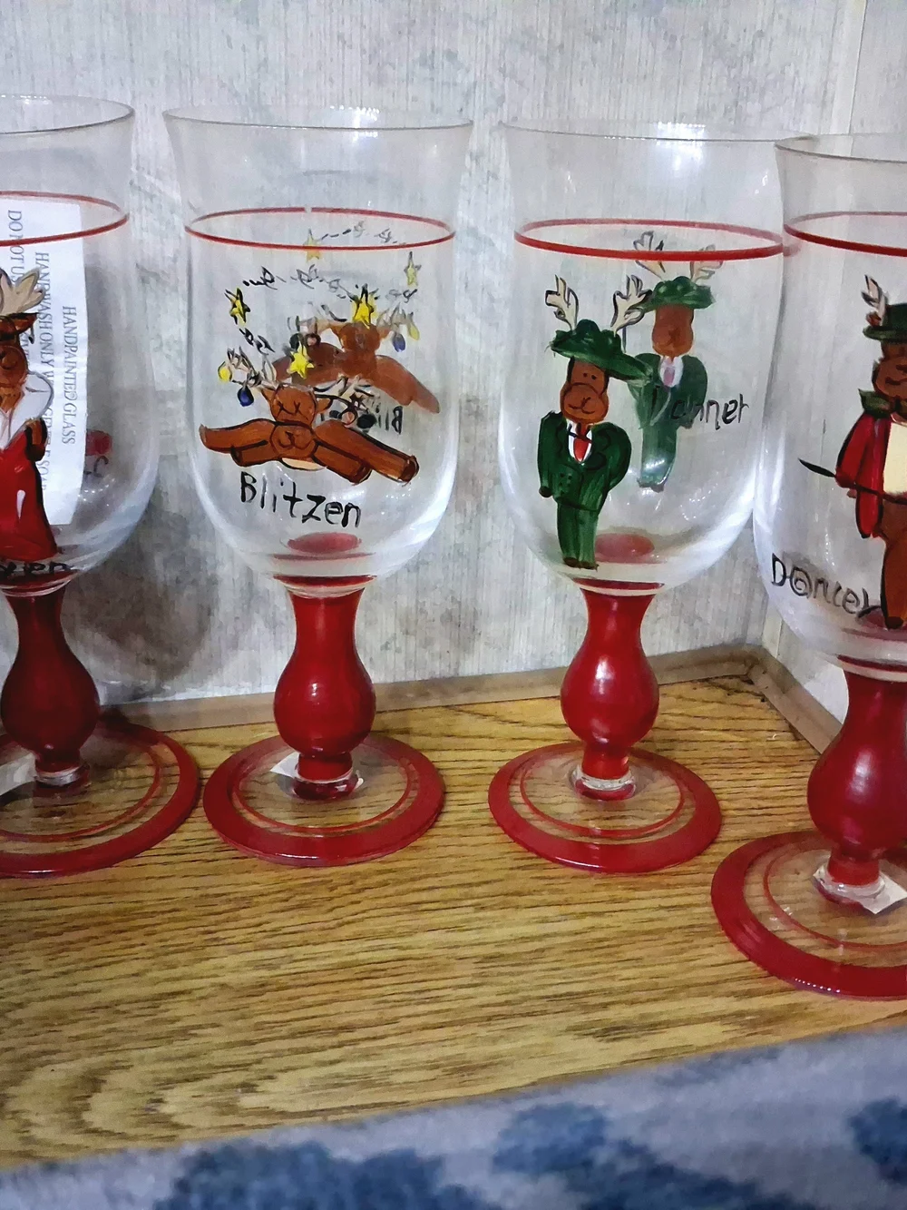 Set of 4 Hand Painted Christmas Reindeer Wine Goblets Glasses Styrofoam Box